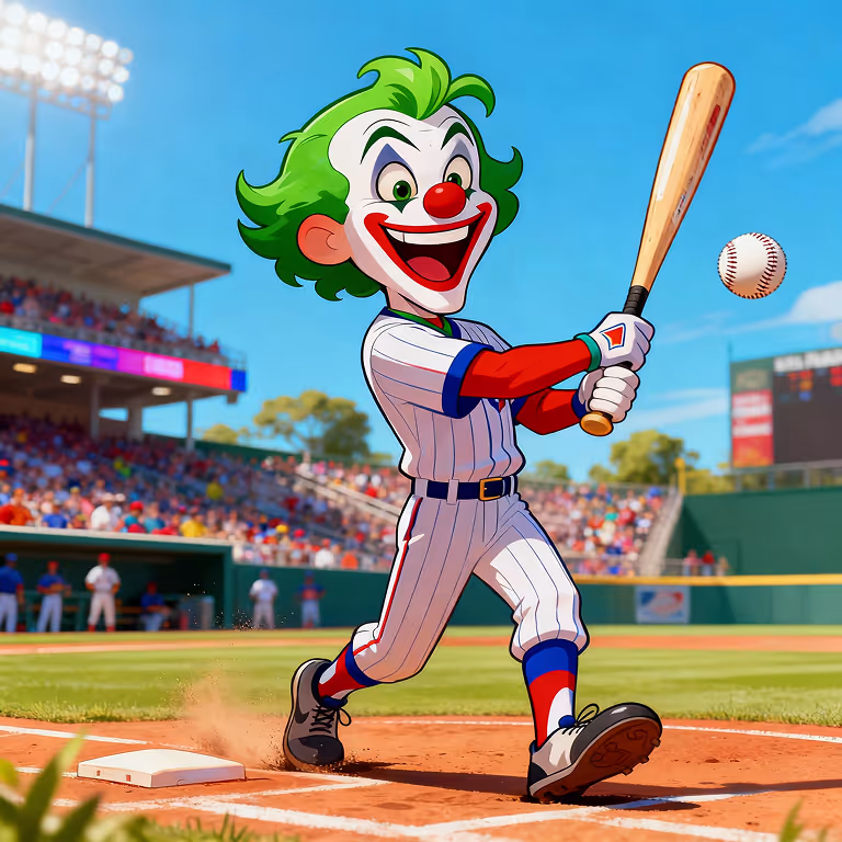 MadJoker Casino mascot swinging a baseball bat on a sunny field, representing energy, precision, and big-win excitement.