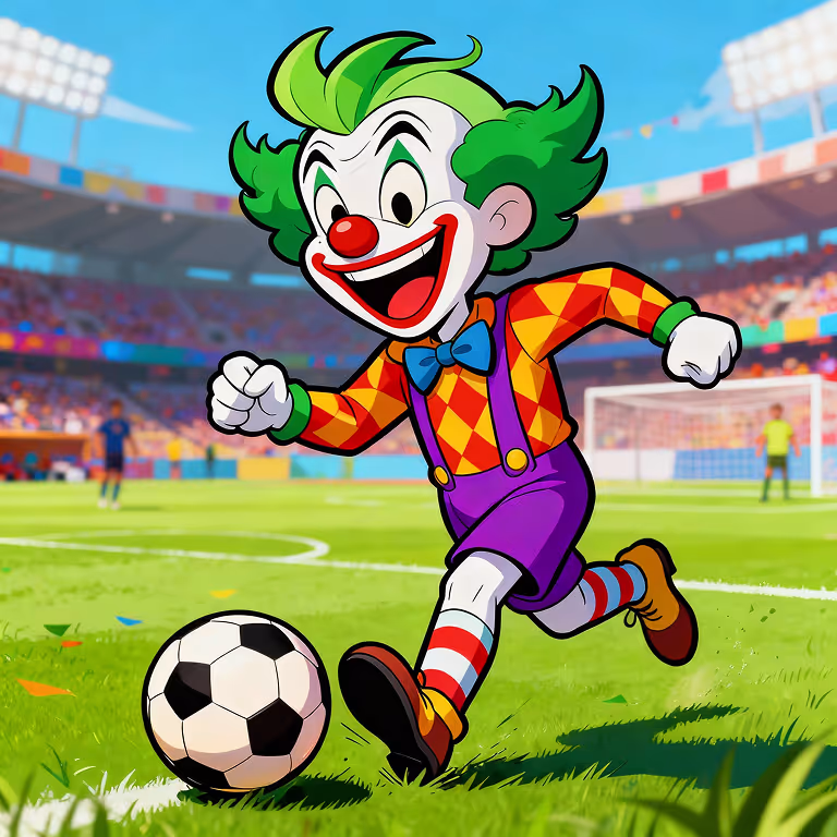MadJoker Casino mascot playing soccer in a colorful stadium, symbolizing energy, teamwork, and the thrill of competition.