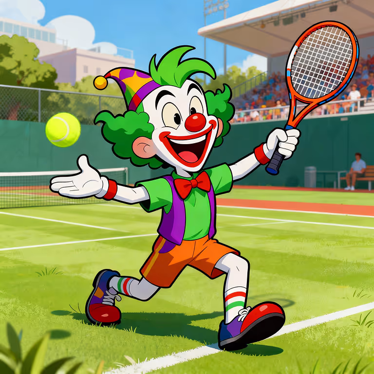 MadJoker Casino mascot playing tennis on a sunny court, symbolizing skill, focus, and the thrill of big wins.
