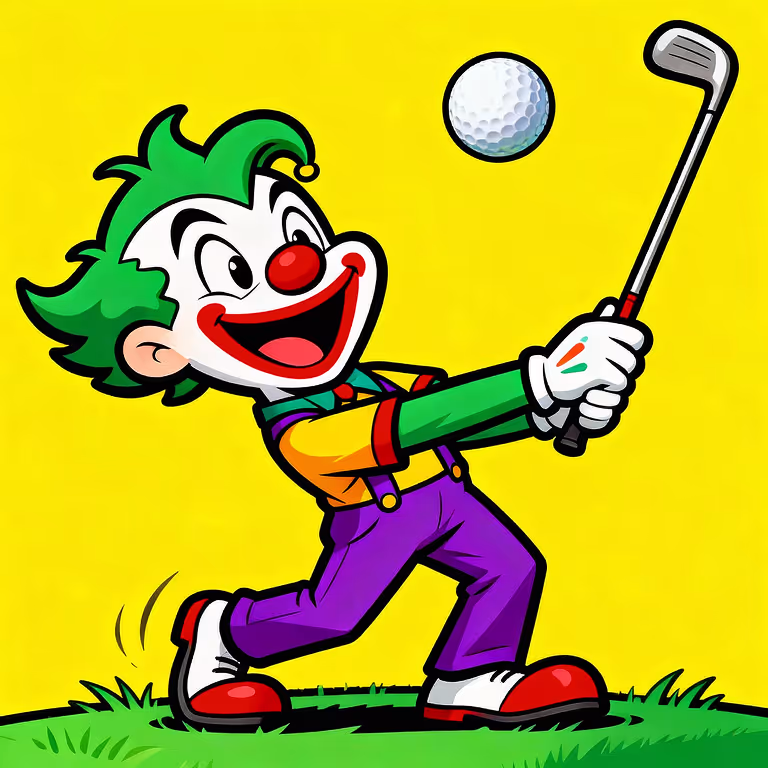 MadJoker Casino mascot swinging a golf club with a golf ball mid-air on a bright yellow background, symbolizing fun, precision, and energy.