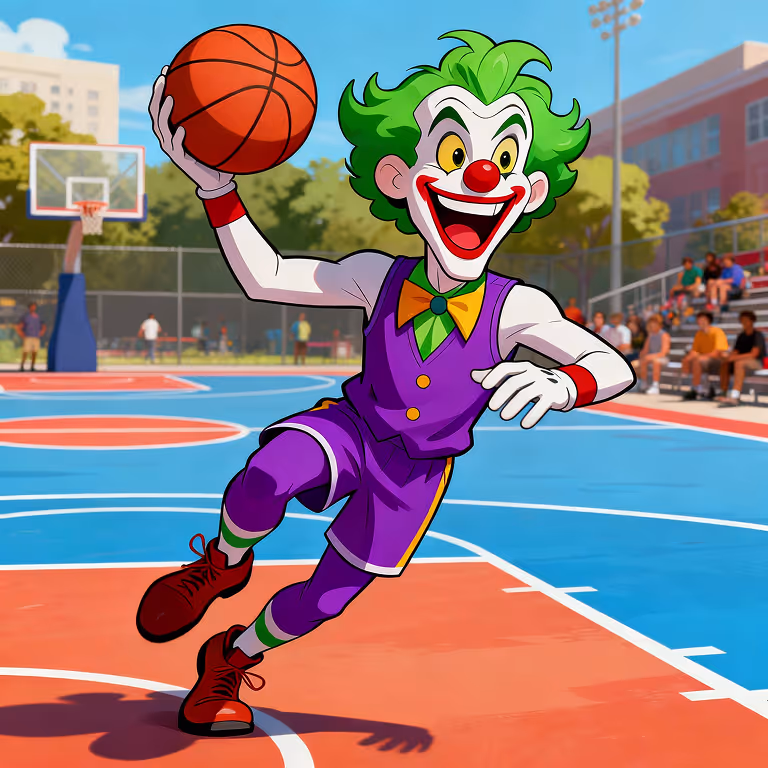 MadJoker Casino mascot dribbling a basketball on a sunny court, celebrating focus, speed, and exciting wins.