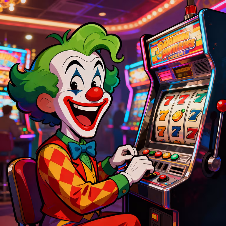 MadJoker Casino mascot spinning a slot machine in a lively casino hall filled with lights and cheers.